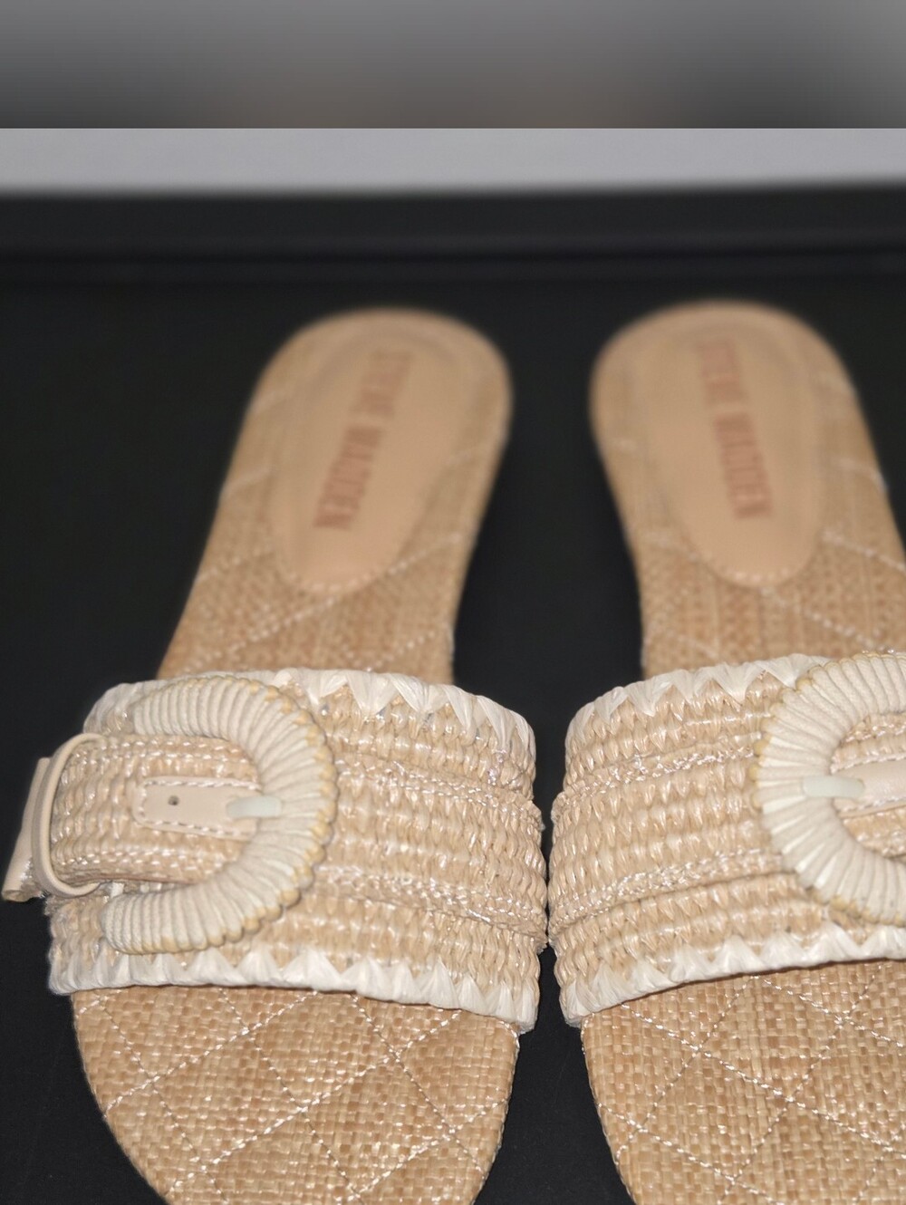 Steve Madden Natural Woven Slide Sandals with Round Buckle
